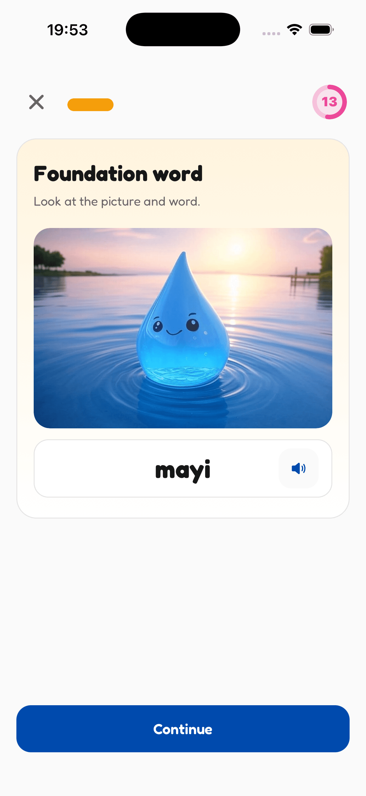 Current Intellingo lesson, contextual word help, and practice screens